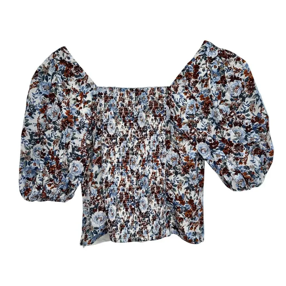 Abercrombie & Fitch White Floral Smocked Puff Sleeve Blouse Top Women Size Small